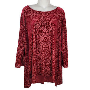 Cato Top Womens Velvet Burnout Size 3X Red Keyhole Neck 3/4 Sleeve Whimsigoth